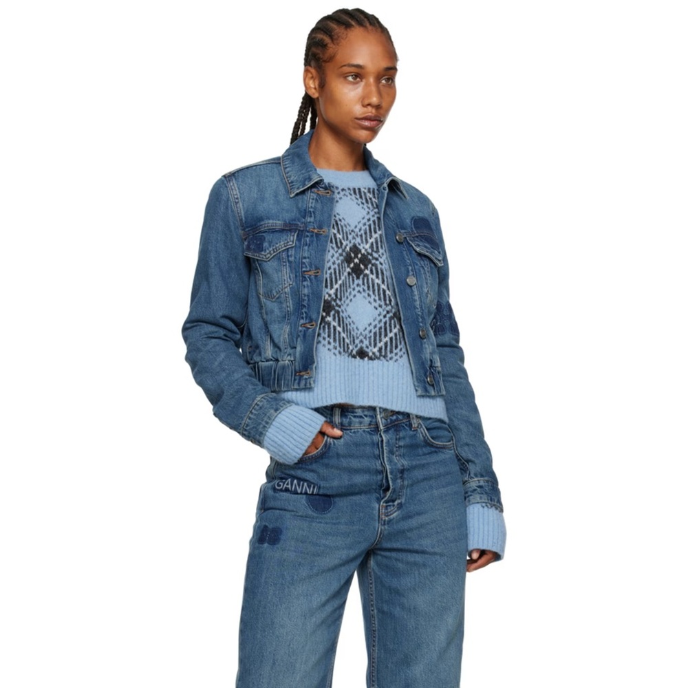 GANNI BLUE CHECKERED OVERSIZED WOOL PULLOVER